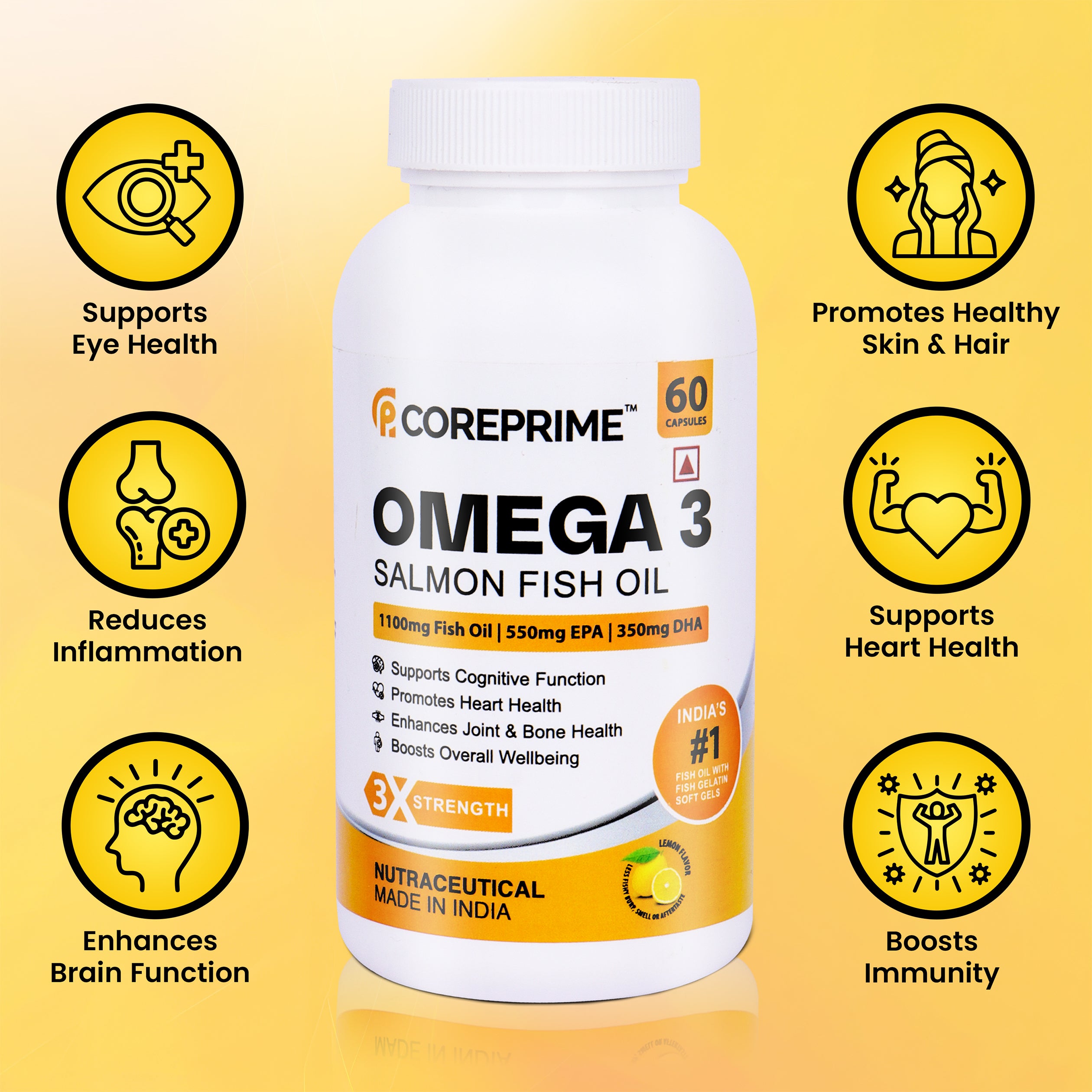 Coreprime 3X Triple Strength EPA 550 mg & DHA 350 mg 1100 mg Omega 3 Salmon Fish Oil Capsules Lemon Flavor - 60 Soft Gels