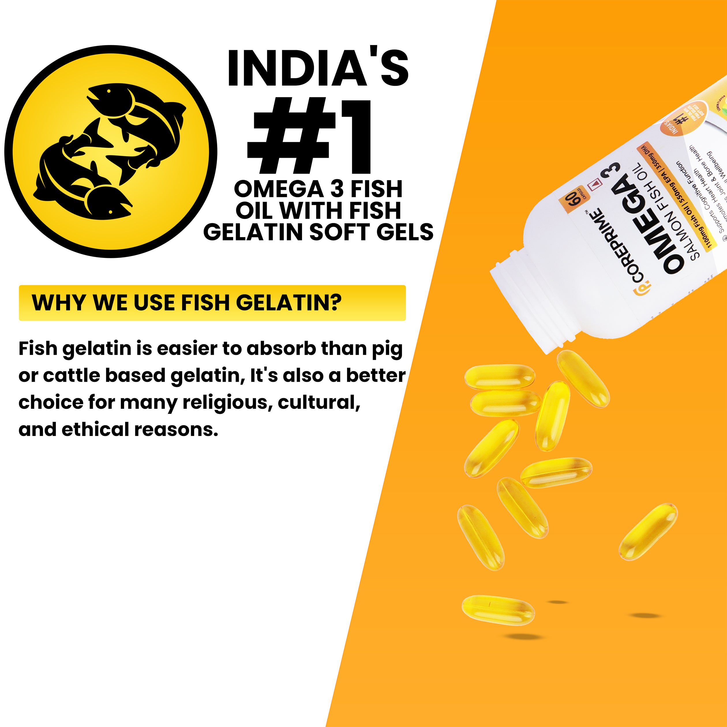 Coreprime 3X Triple Strength EPA 550 mg & DHA 350 mg 1100 mg Omega 3 Salmon Fish Oil Capsules Lemon Flavor - 60 Soft Gels