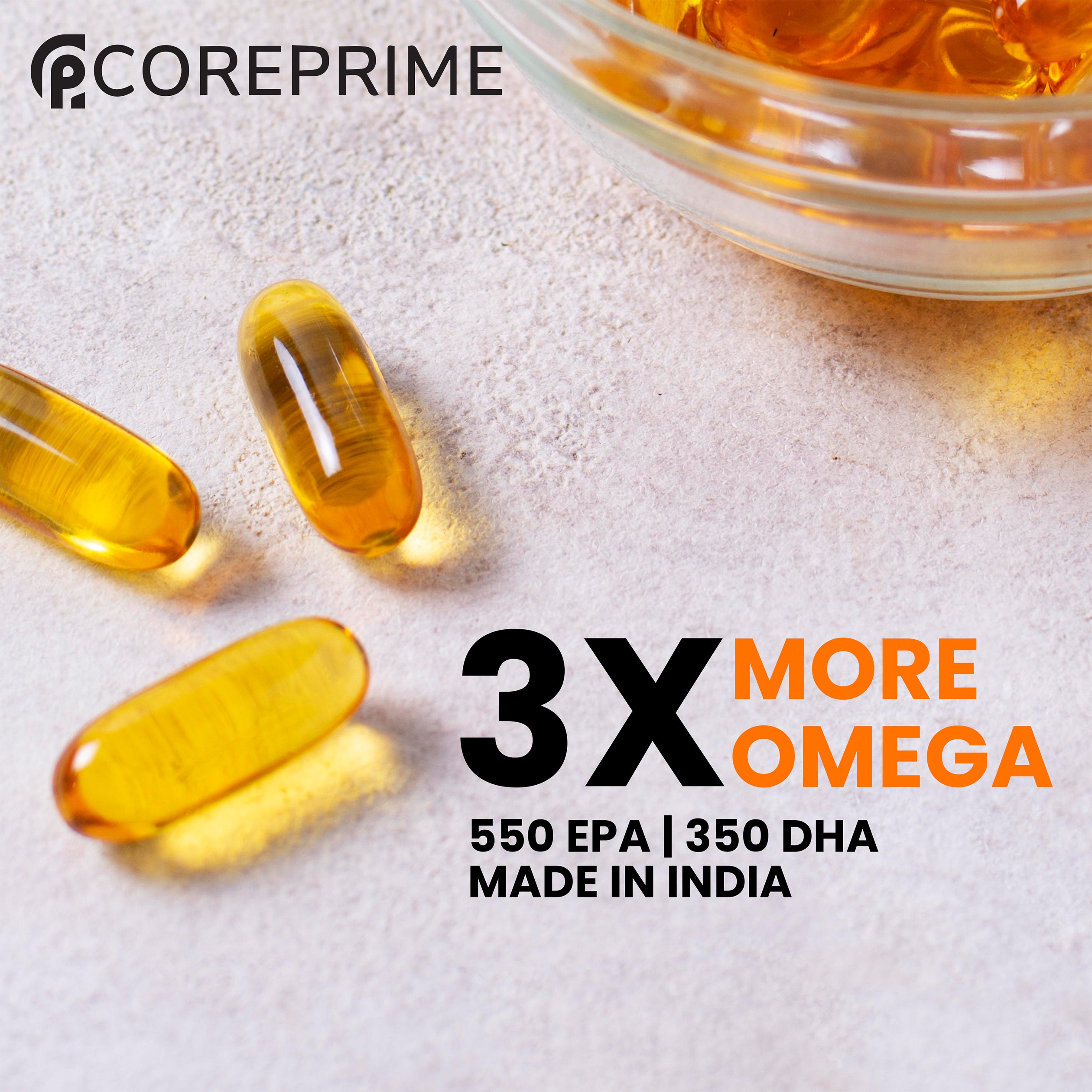 Coreprime 3X Triple Strength EPA 550 mg & DHA 350 mg 1100 mg Omega 3 Salmon Fish Oil Capsules Lemon Flavor - 60 Soft Gels