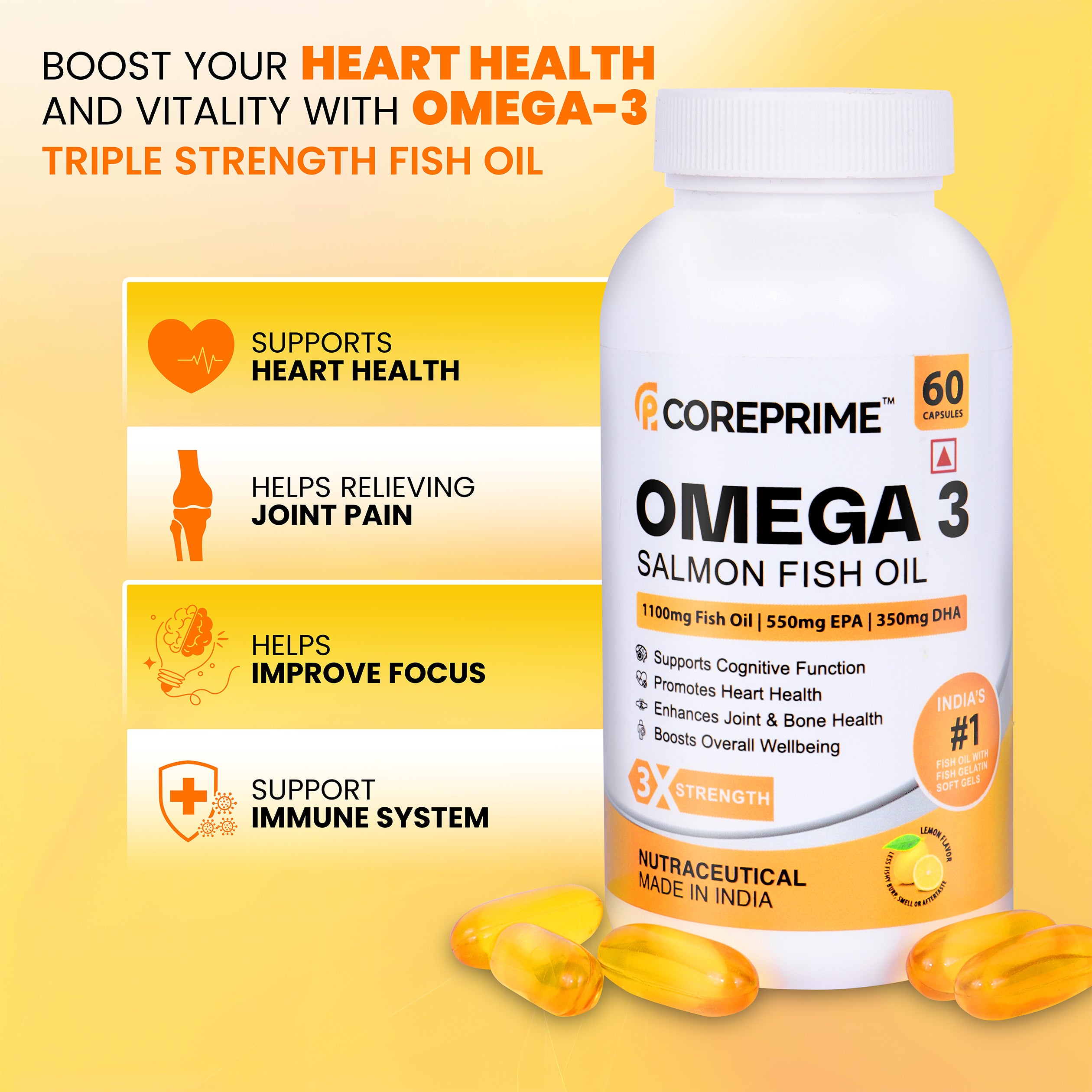 Coreprime 3X Triple Strength EPA 550 mg & DHA 350 mg 1100 mg Omega 3 Salmon Fish Oil Capsules Lemon Flavor - 60 Soft Gels