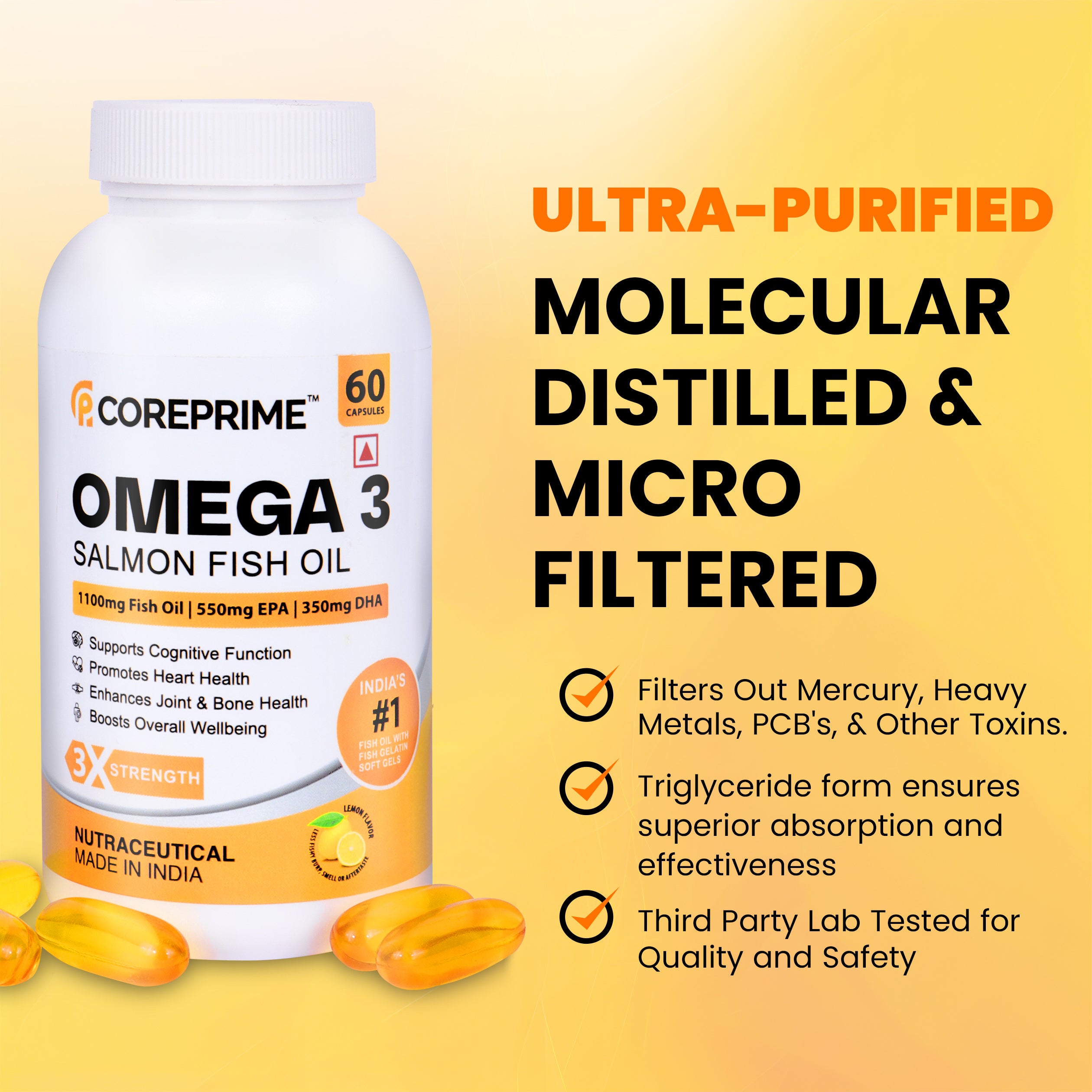 Coreprime 3X Triple Strength EPA 550 mg & DHA 350 mg 1100 mg Omega 3 Salmon Fish Oil Capsules Lemon Flavor - 60 Soft Gels