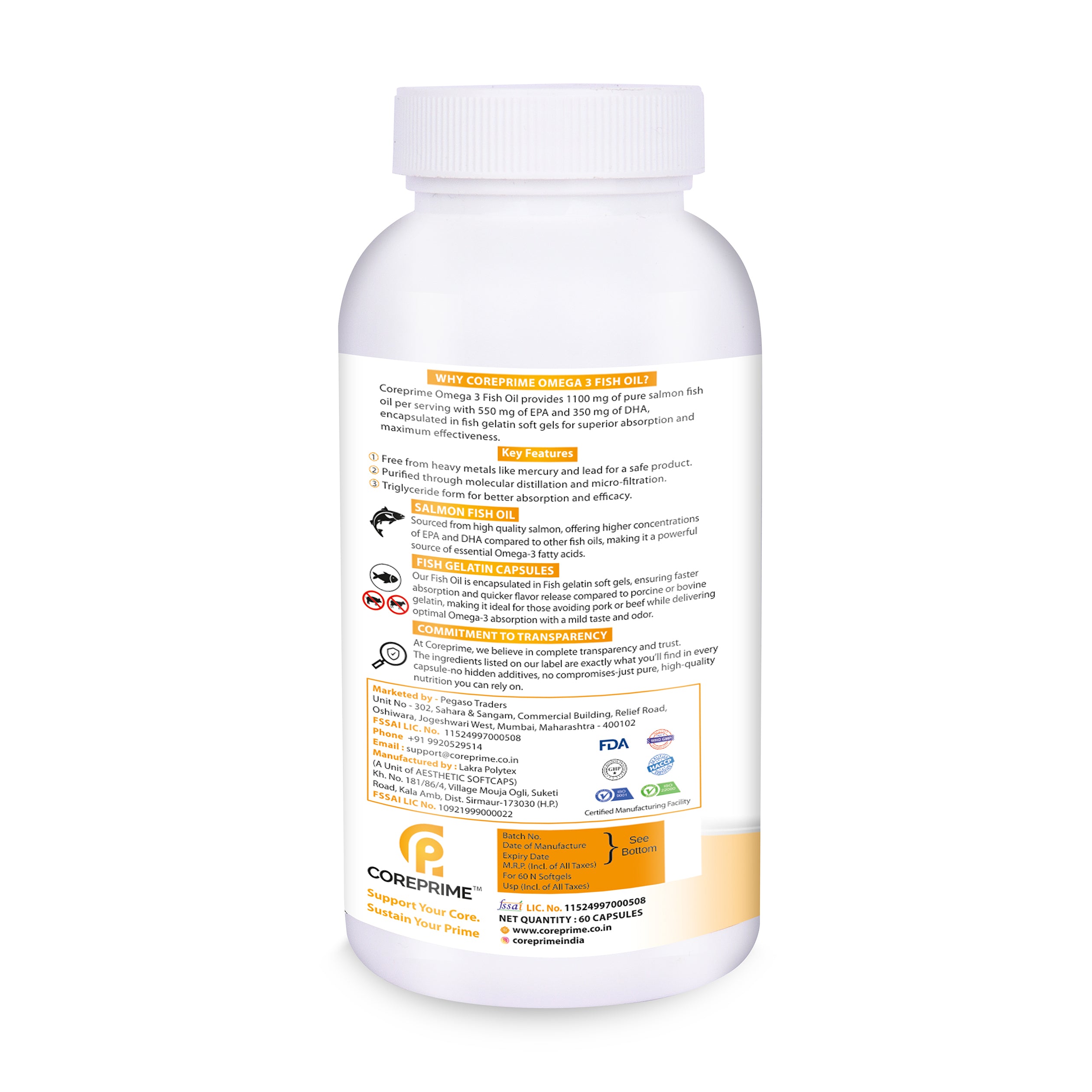 Coreprime 3X Triple Strength EPA 550 mg & DHA 350 mg 1100 mg Omega 3 Salmon Fish Oil Capsules Lemon Flavor - 60 Soft Gels