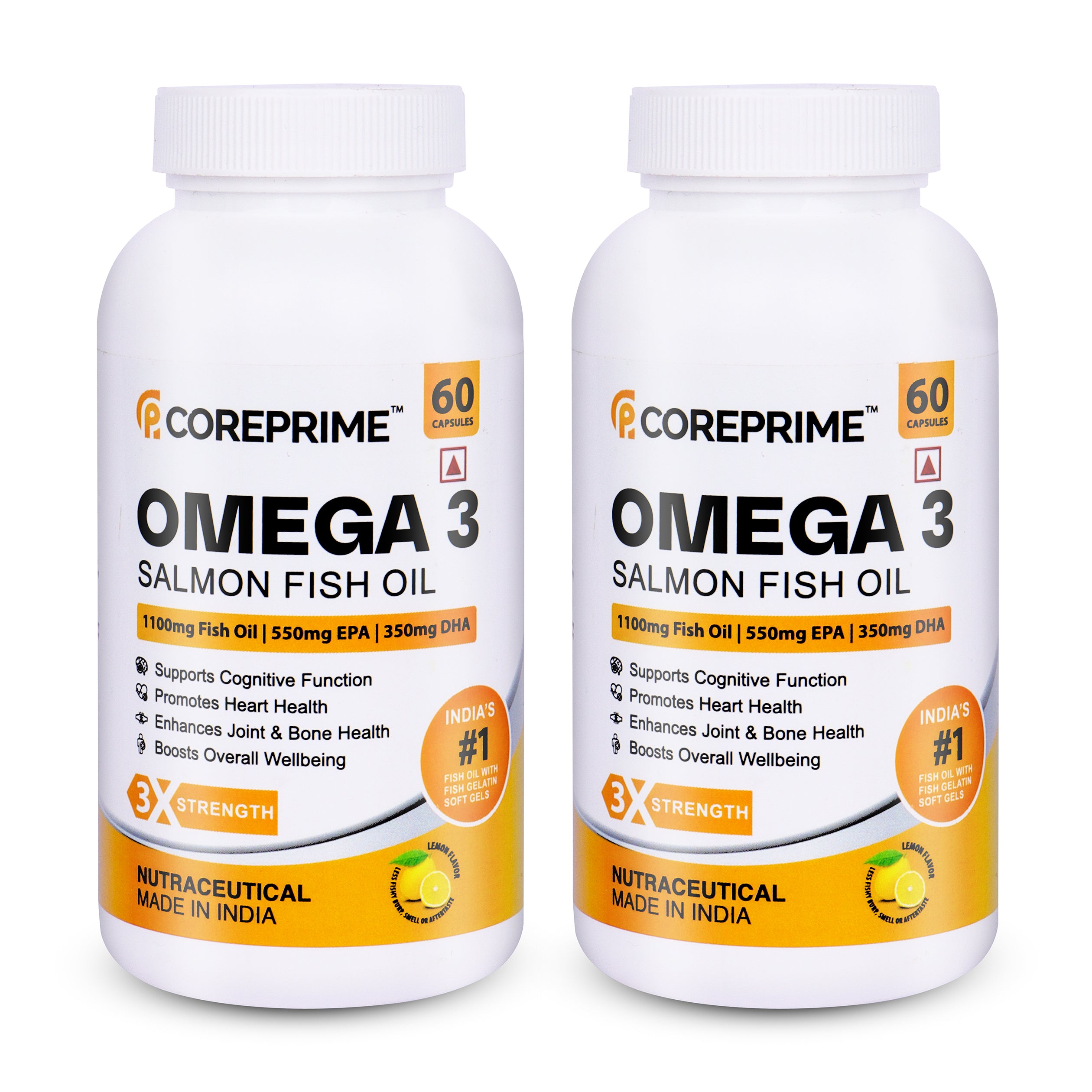 Coreprime 3X Triple Strength EPA 550 mg & DHA 350 mg 1100 mg Omega 3 Salmon Fish Oil Capsules Lemon Flavor - 60 Soft Gels