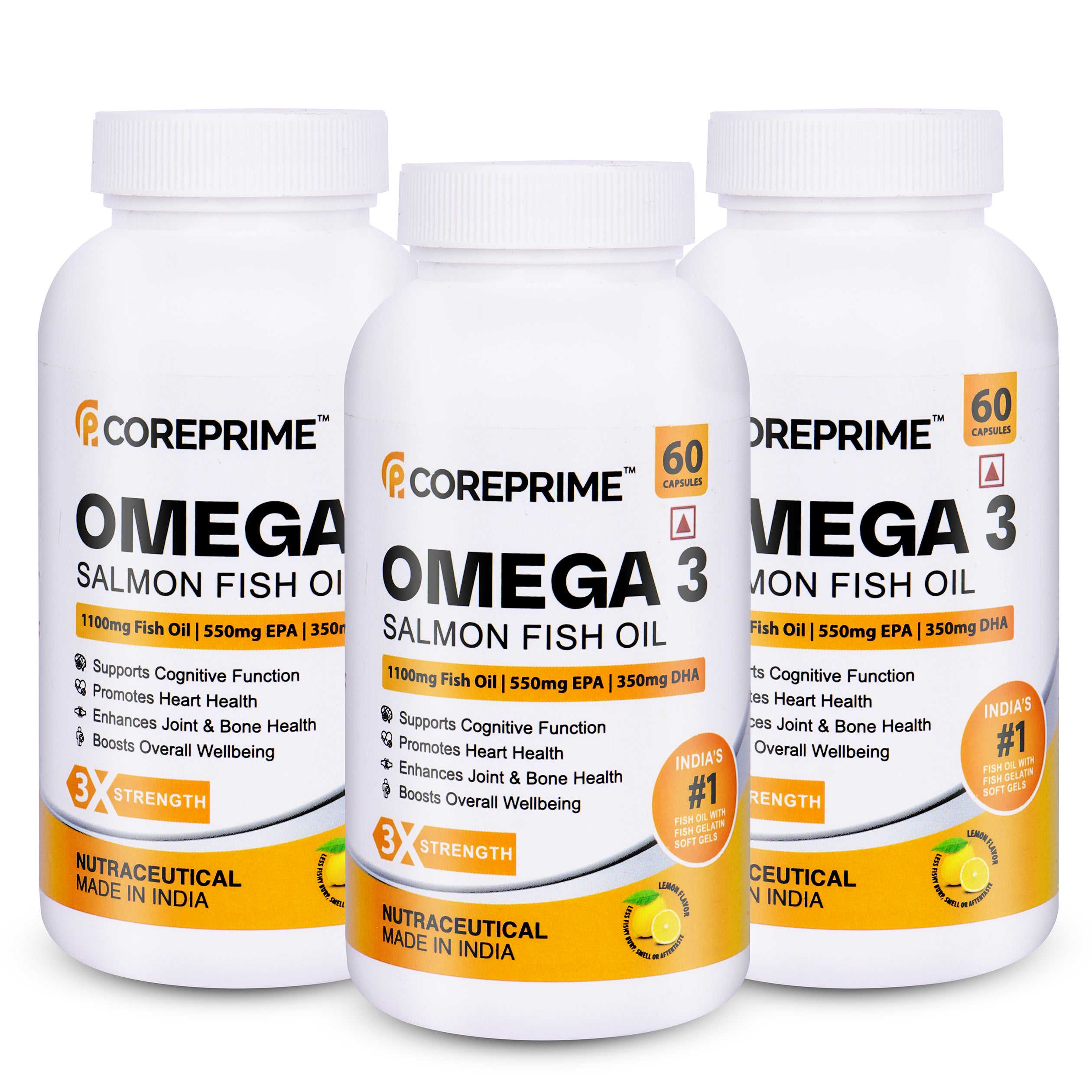 Coreprime 3X Triple Strength EPA 550 mg & DHA 350 mg 1100 mg Omega 3 Salmon Fish Oil Capsules Lemon Flavor - 60 Soft Gels